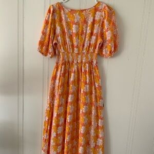 Elegant Floral Maxi Dress in Orange and Pink - Short Sleeves